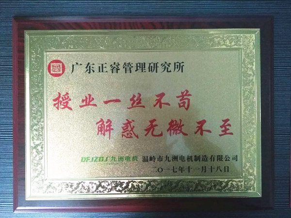 溫嶺市九洲電機(jī)制造有限公司贈與廣州正睿授業(yè)一絲不茍與，解惑無微不至牌匾